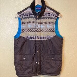 Modern Amusement Brown Vest, Fair Isle Print Sweater on top, Men's Size Small